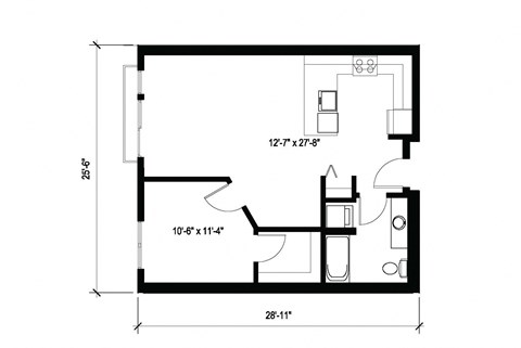 Floor plan for 1 bed, 1 bath, 695 sqft